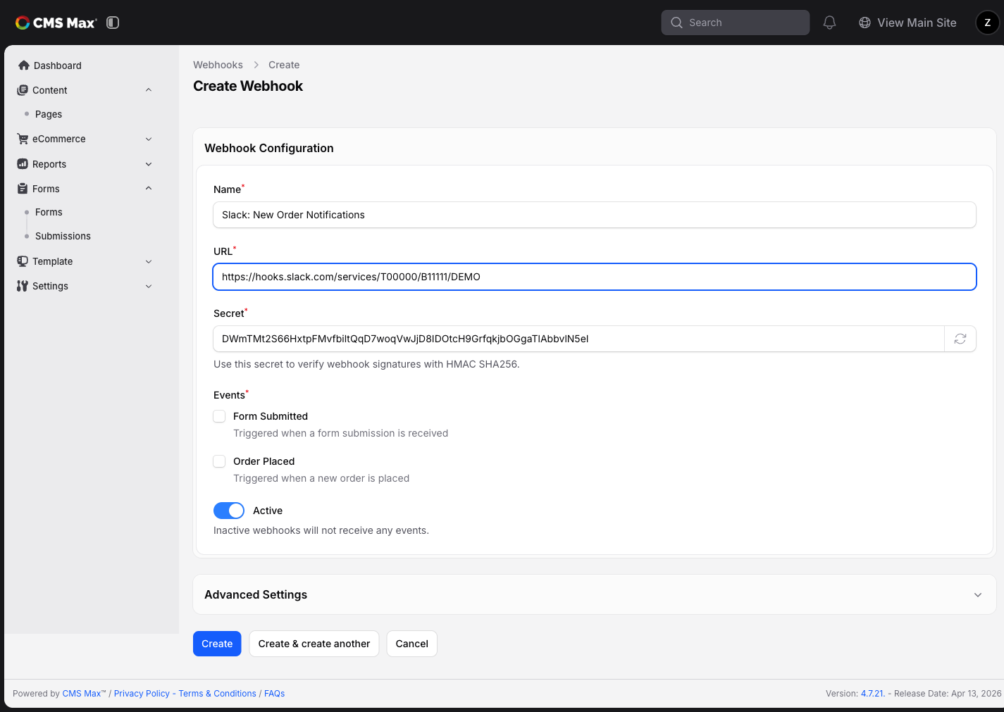 Create Webhook form with Events checklist