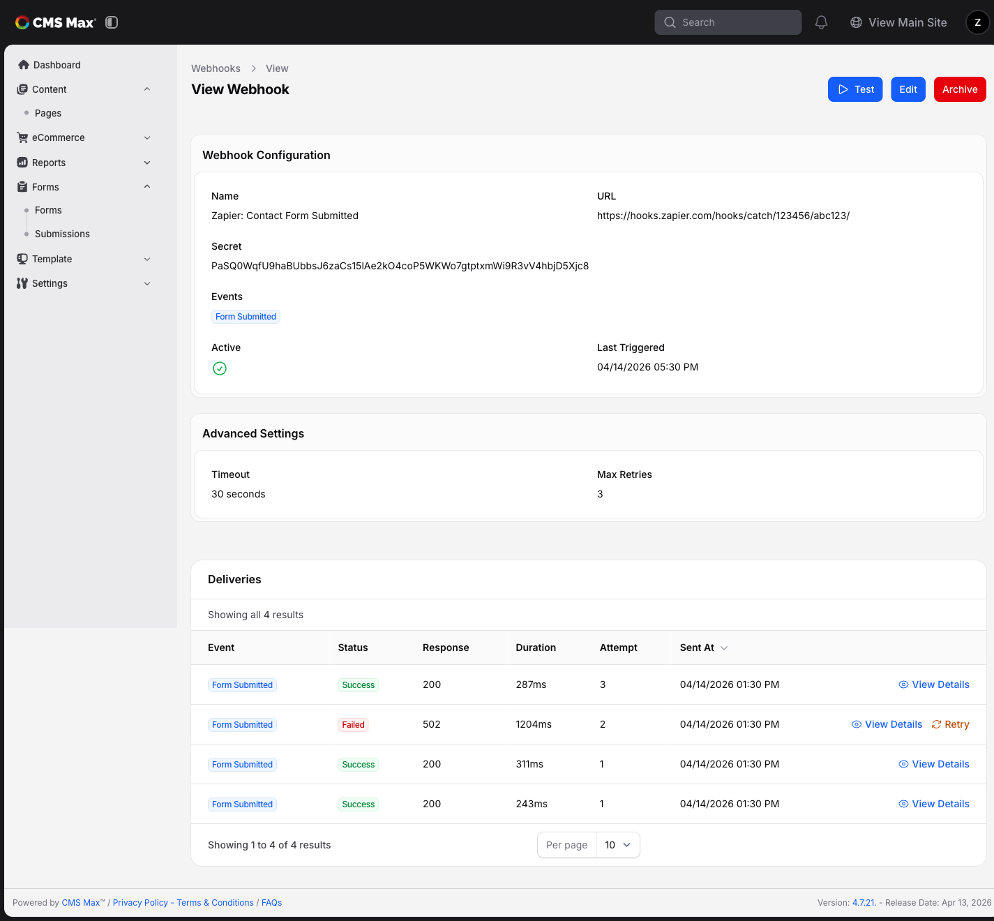 Webhook detail page with delivery history table