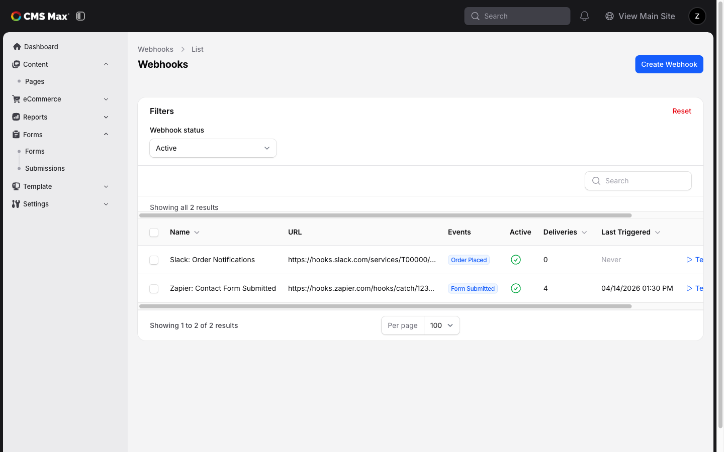 Webhooks list view showing active and archived entries