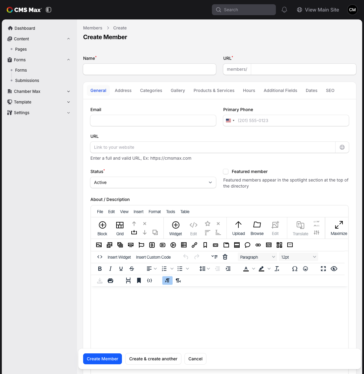 Create member form with tabs