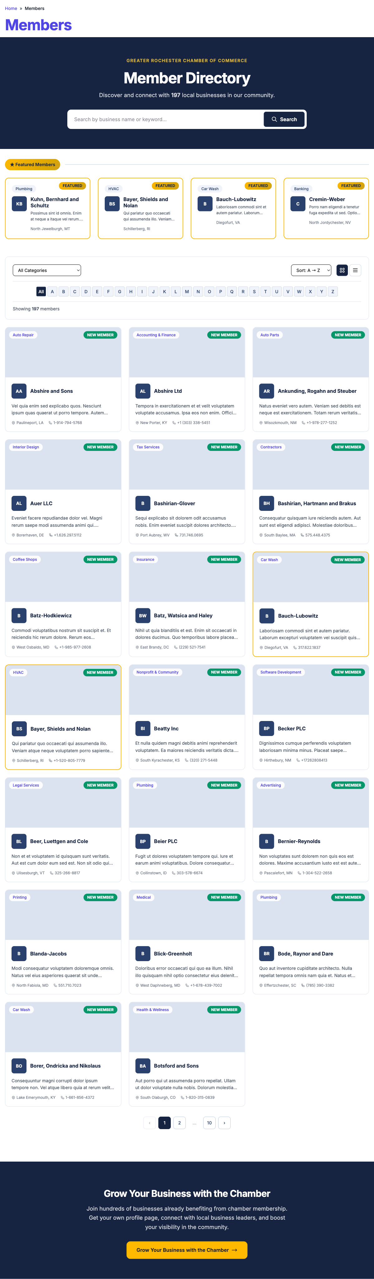 Frontend directory page with search, filters, and member cards