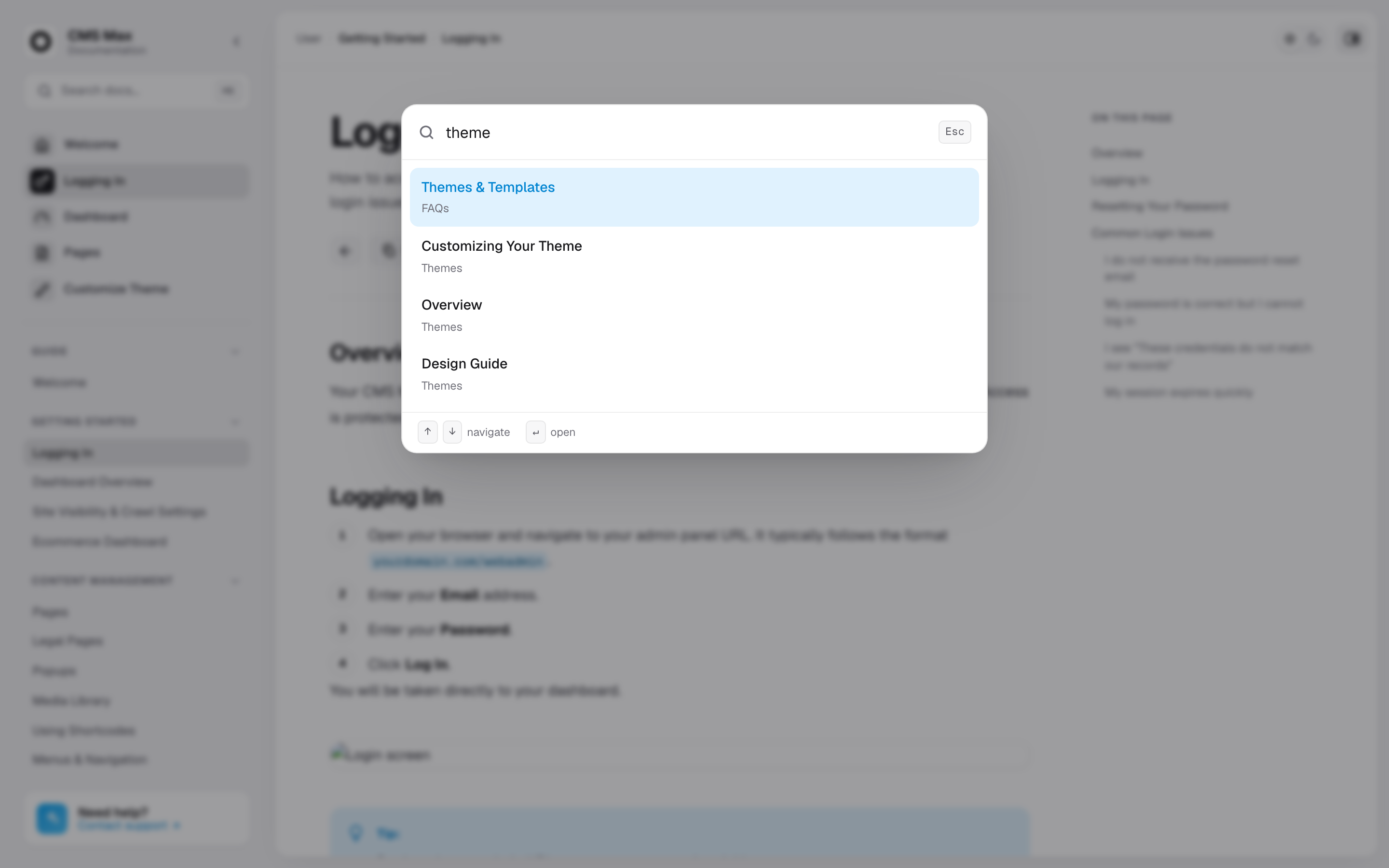 The documentation search palette, opened with Cmd+K