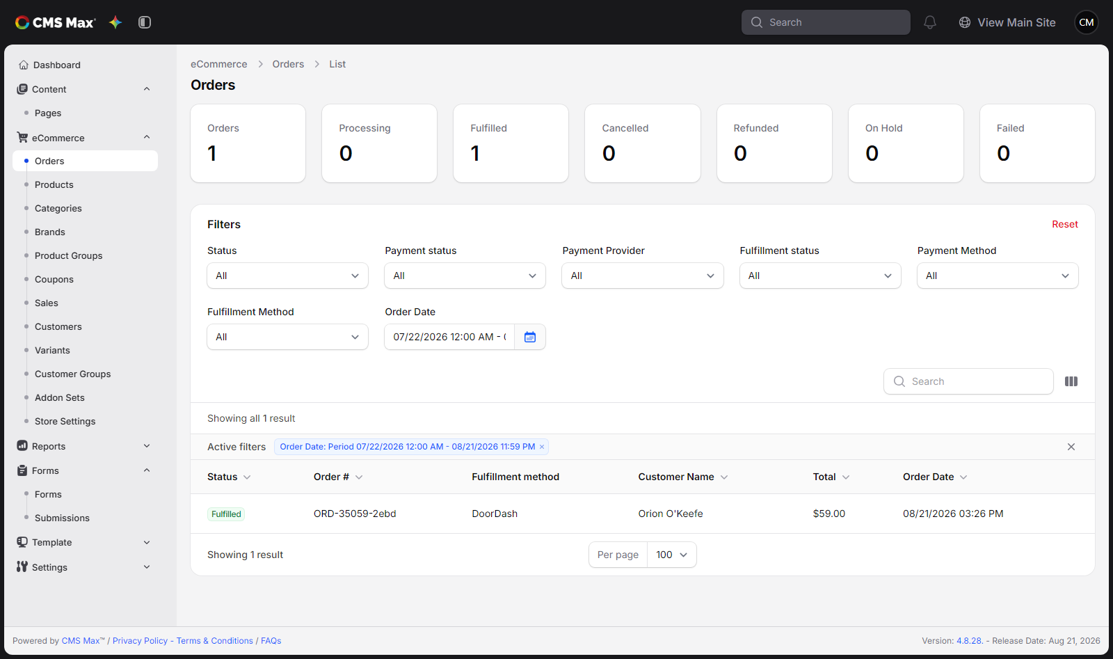 Orders list showing the DoorDash fulfillment method column and filter
