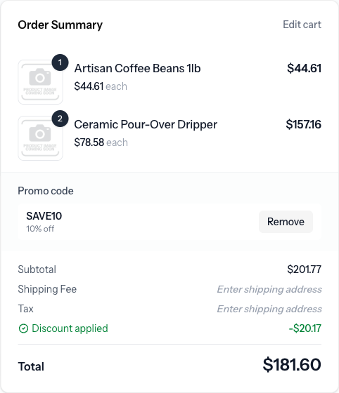Checkout with coupon applied and discount visible