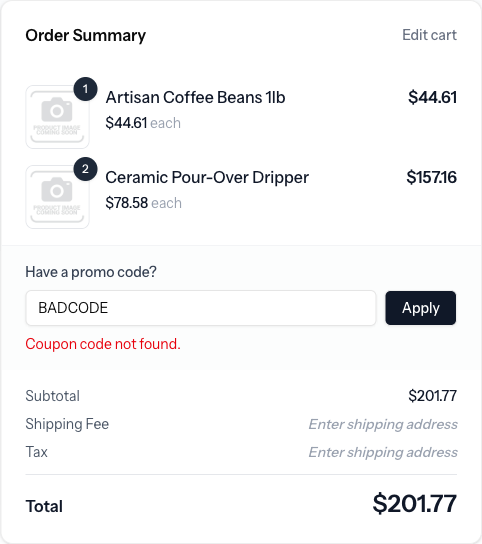 Checkout showing an inline error for an invalid coupon code