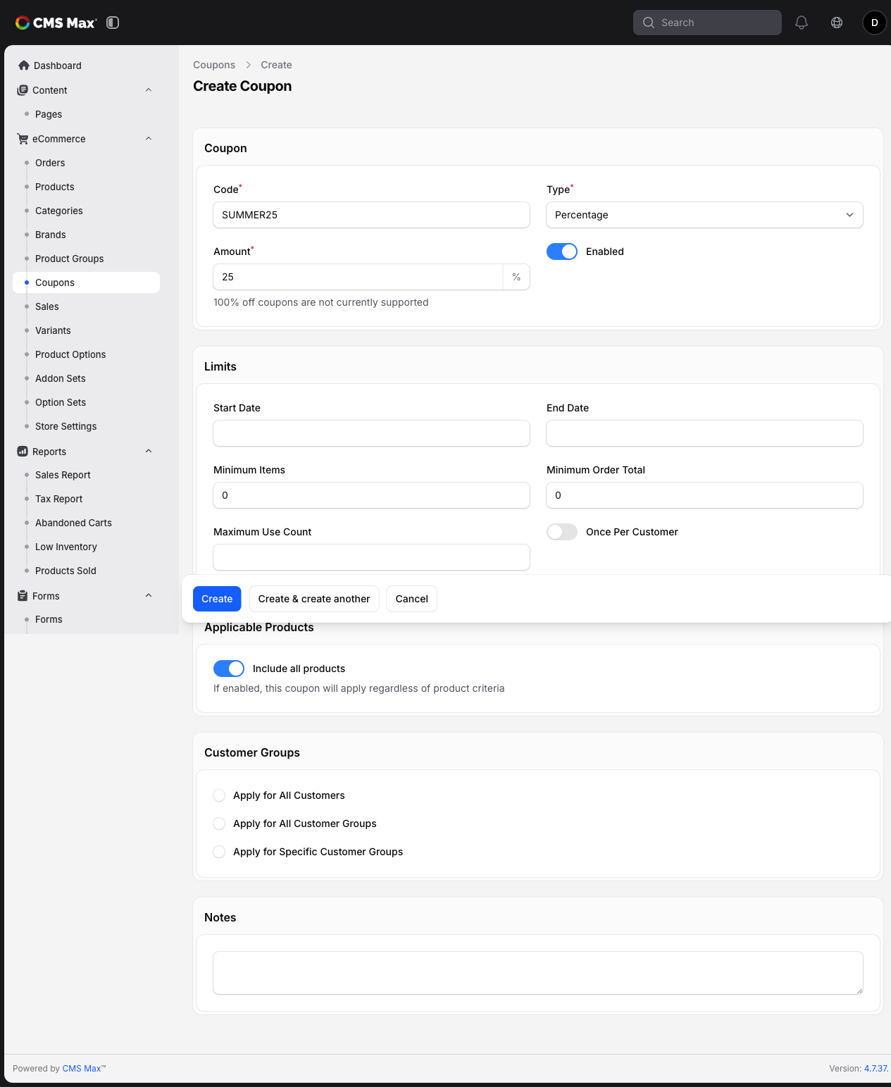 Coupon create form
