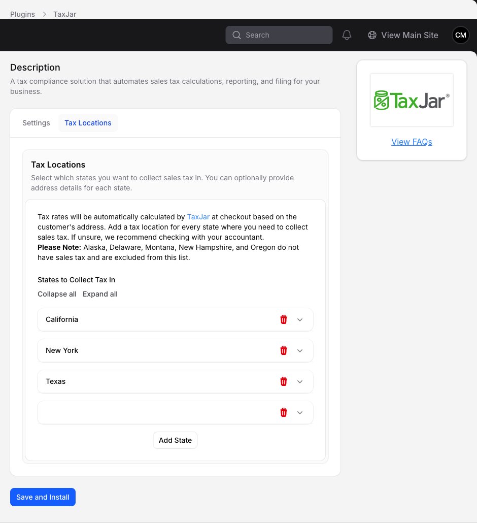 Tax Locations tab listing the states where tax is collected