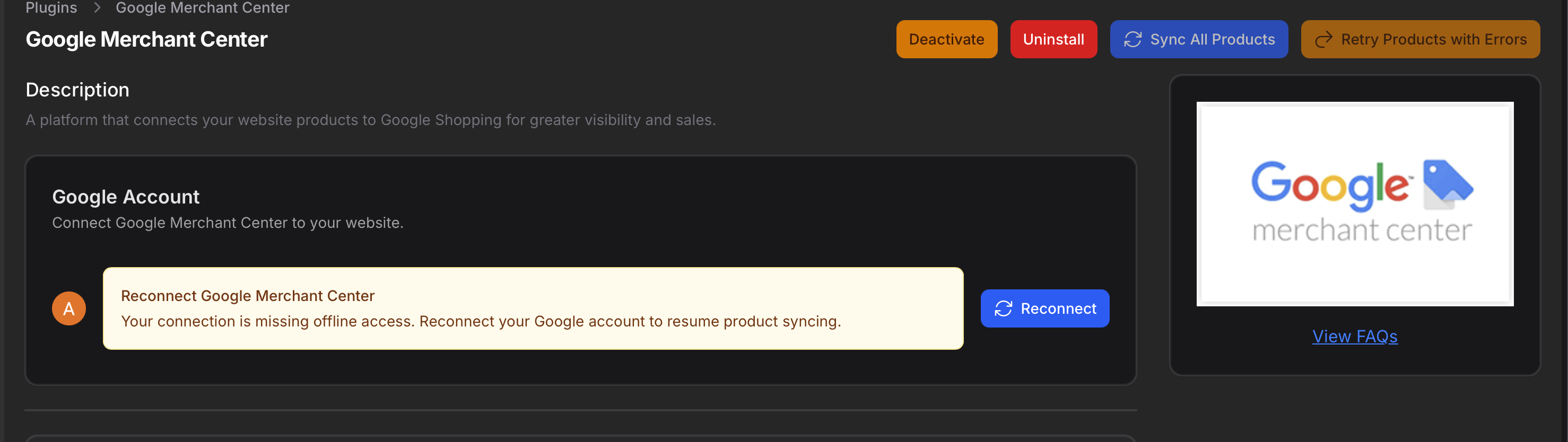 The Reconnect Google Merchant Center notice on the plugin page