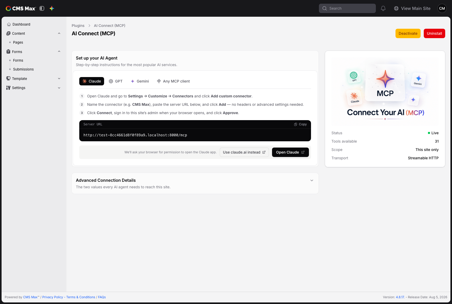 The AI Connect (MCP) settings page