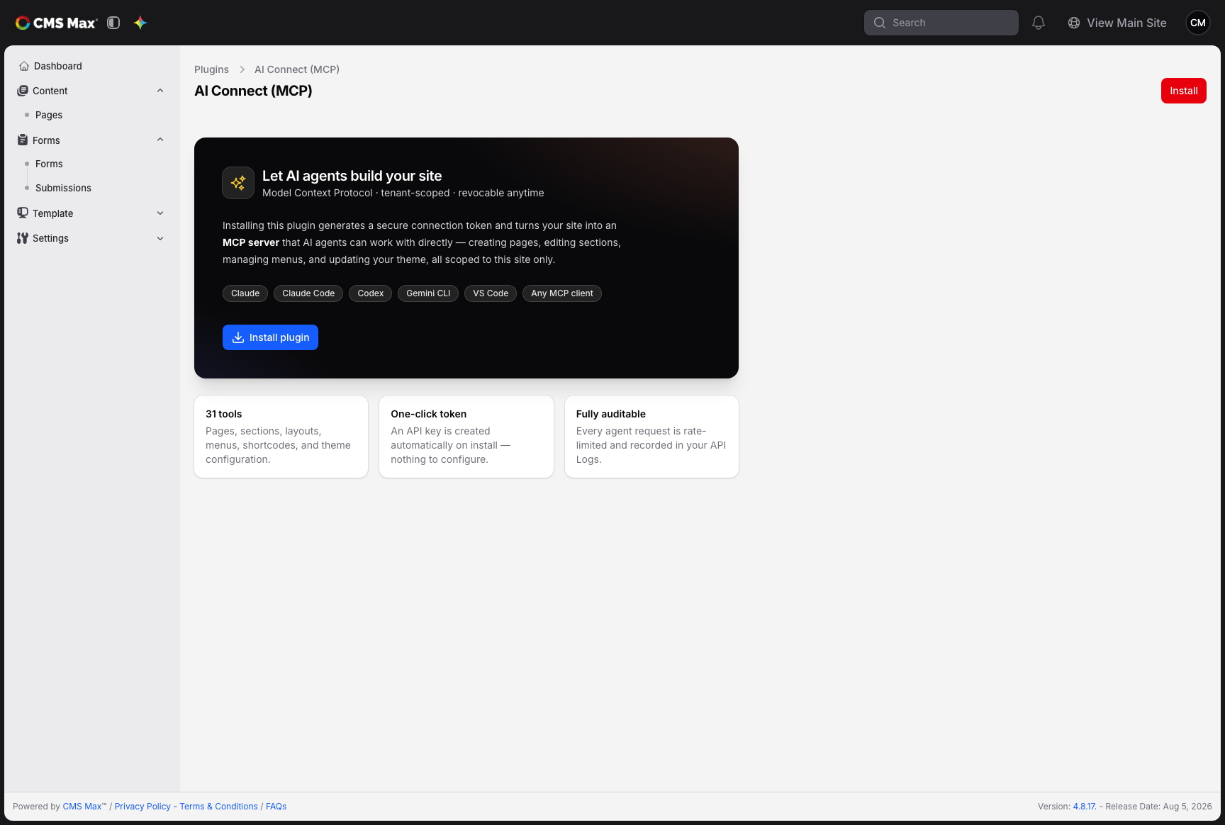 The AI Connect (MCP) plugin page before installation