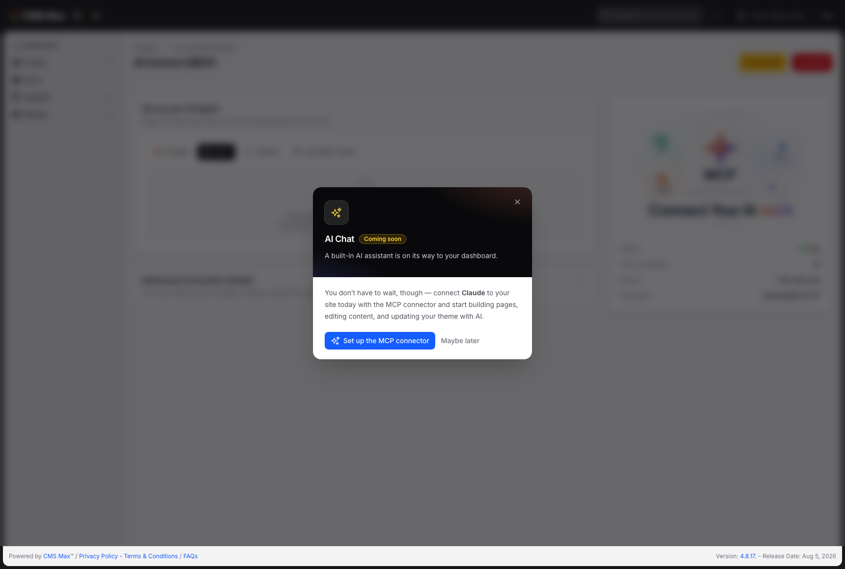 The AI Chat coming soon dialog