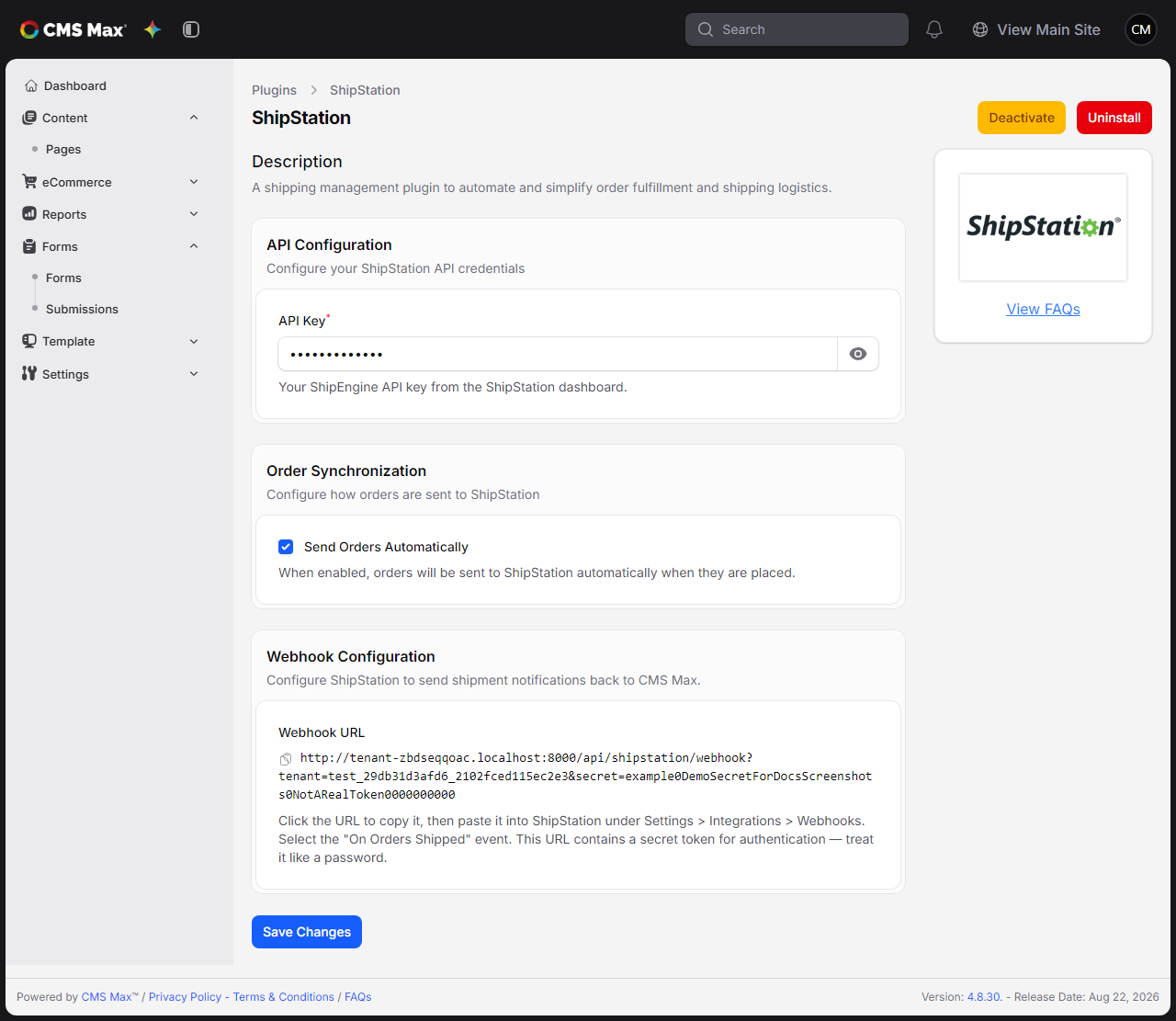 ShipStation plugin settings page