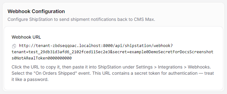 ShipStation webhook configuration section