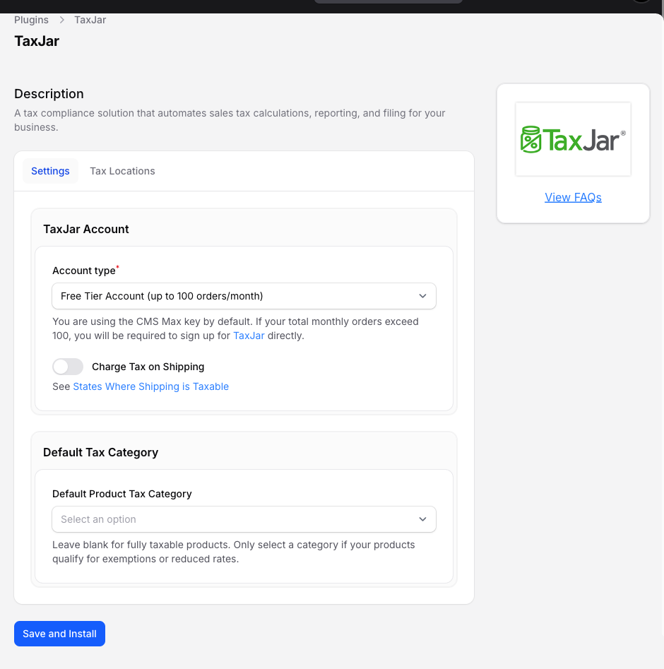TaxJar settings
