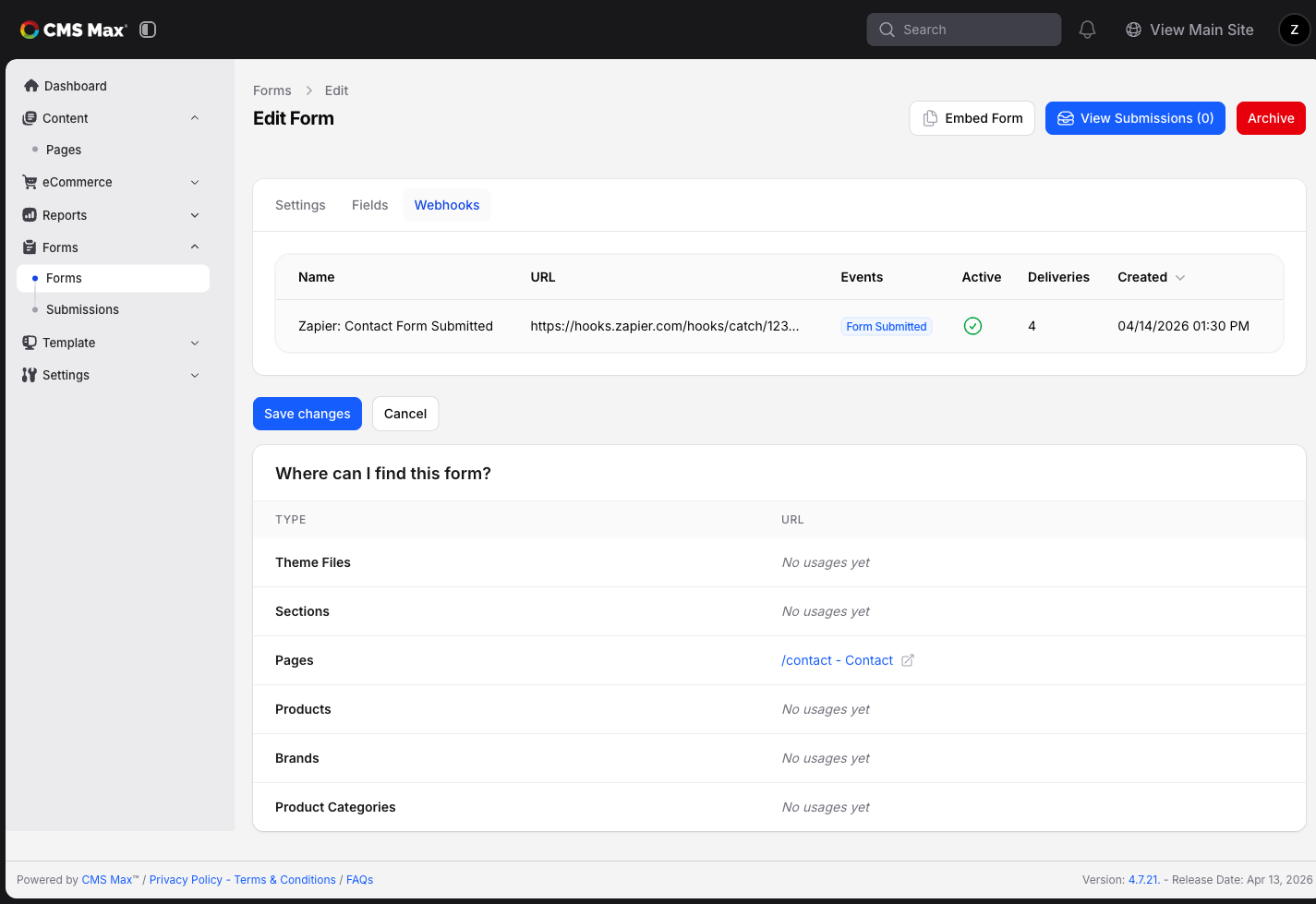 Form edit page Webhooks tab showing the Zapier-created webhook