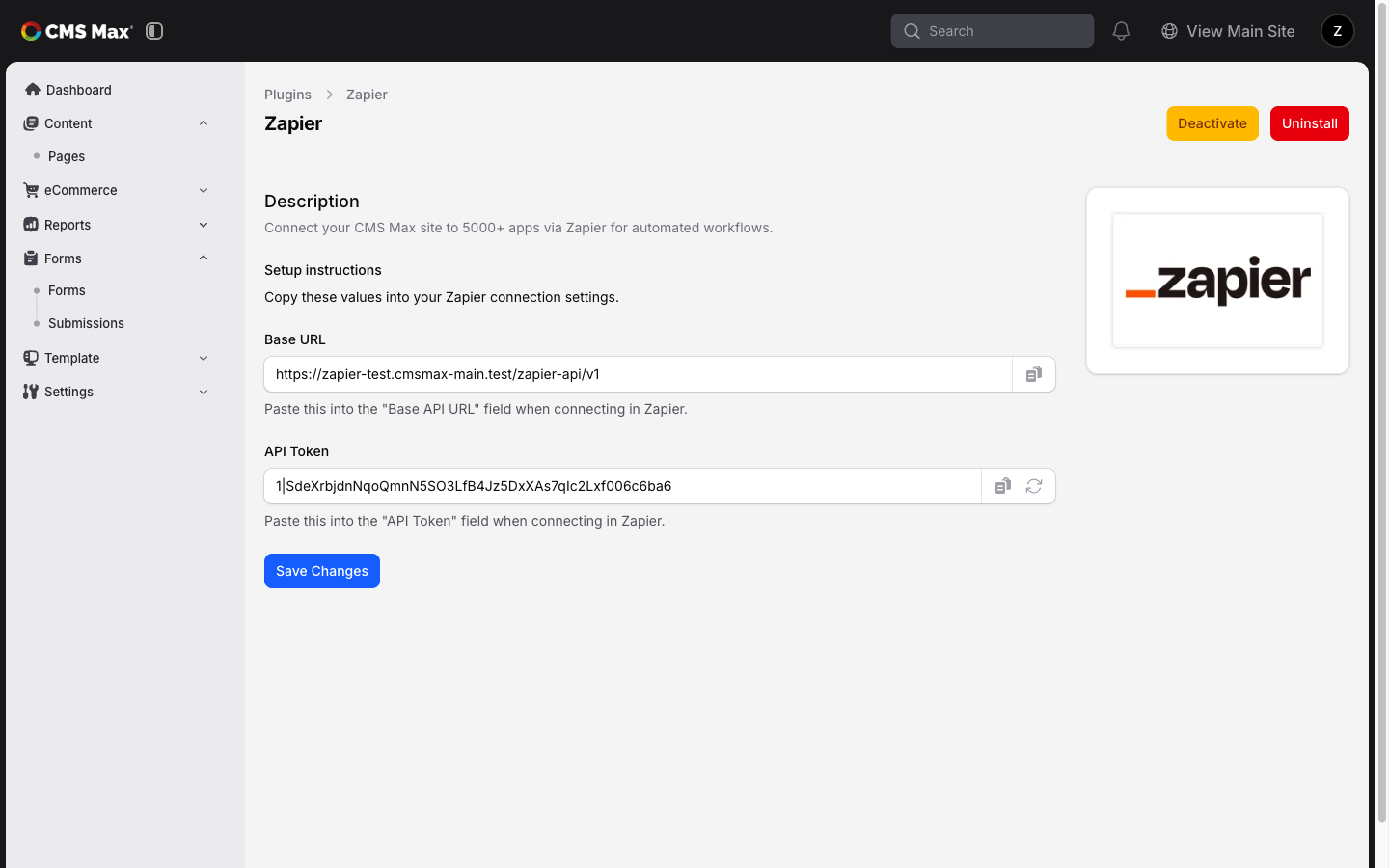 Zapier plugin settings page showing Base URL and API Token fields