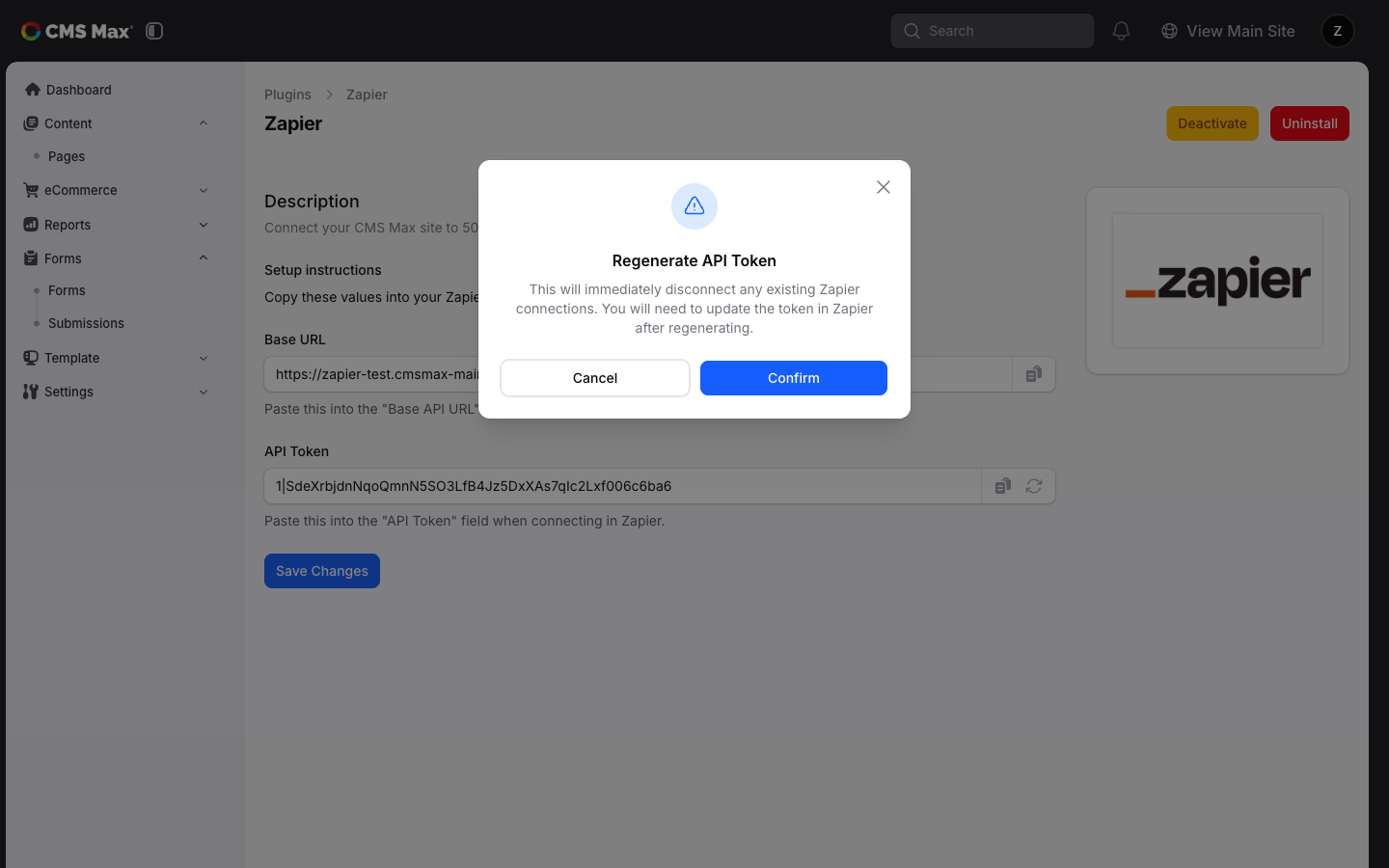 Regenerate API Token confirmation modal with disconnect warning